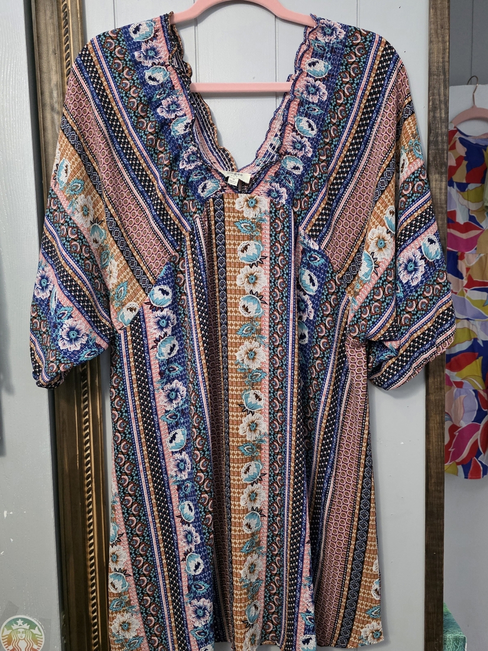 Umgee Pink, Blue & Tan Boho Floral Stripe Midi Dress